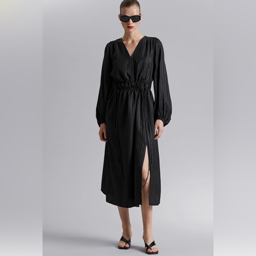 & Other Stories Black Loose Fit Striped Midi Dress, Size 4